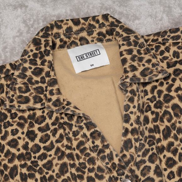 She Street Leopard Print Tan Denim Tiered Shirt Dress Womens Size SM - Picture 3 of 14